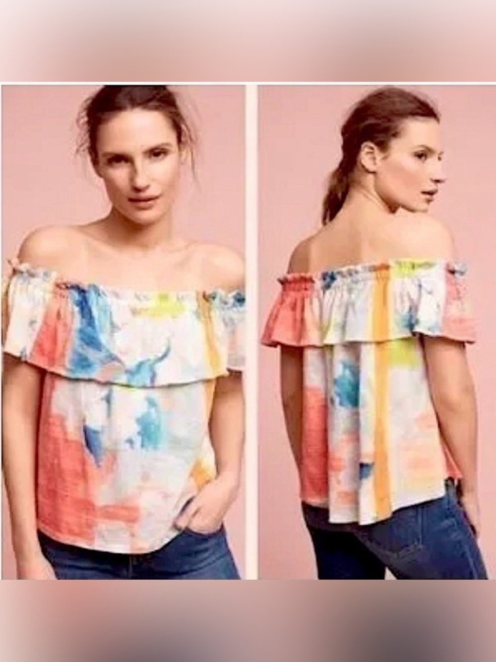 Anthropologie Meadow Rue Off Shoulder ruffled top floral MULTI watercolor EUC